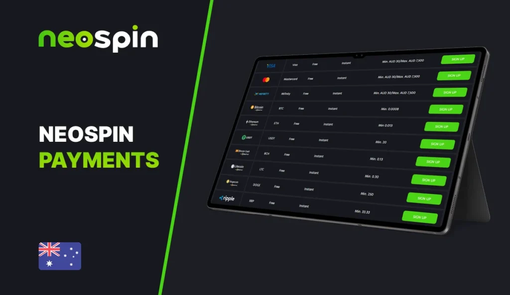 Payment methods and transaction list at Neospin