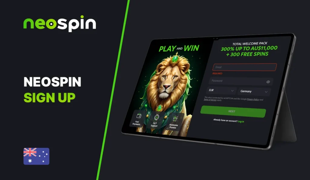 Neospin account registration form on casino website